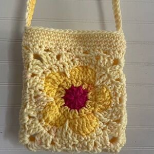 Handmade Yellow Mini Crochet Bag with Floral Design - New